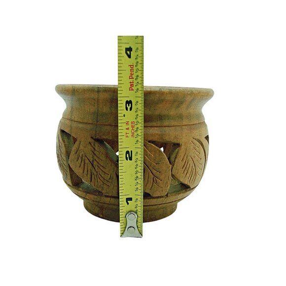 Handmade Hand Carved Wooden Bowl Trinket Dish Brown Round Shape Leaf Design 4x3 - Picture 7 of 11